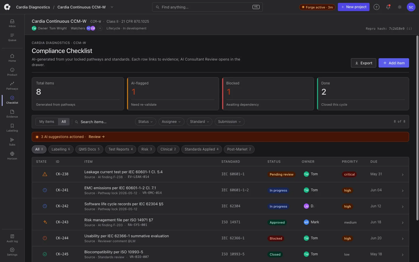 ForgeComply per-clause compliance checklist