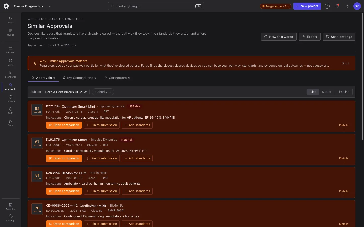 ForgeComply Similar Approvals — match-scored cleared devices from the public record
